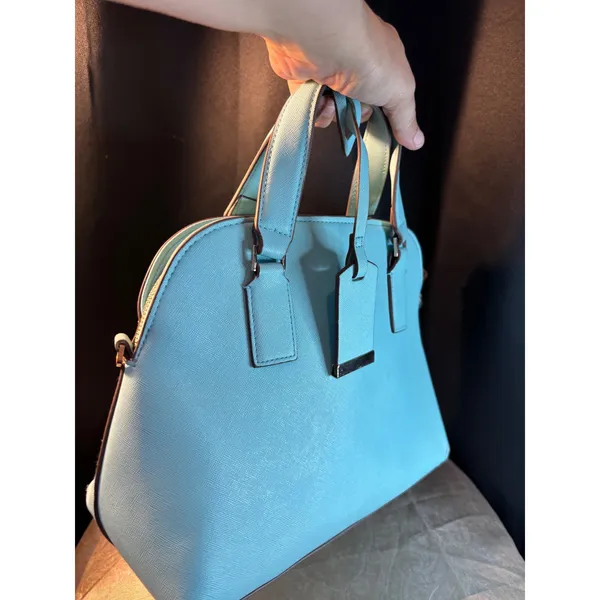 Blue Saffiano Dome Satchel Bag with Gold Heart Detail and Striped Lining - Image 5