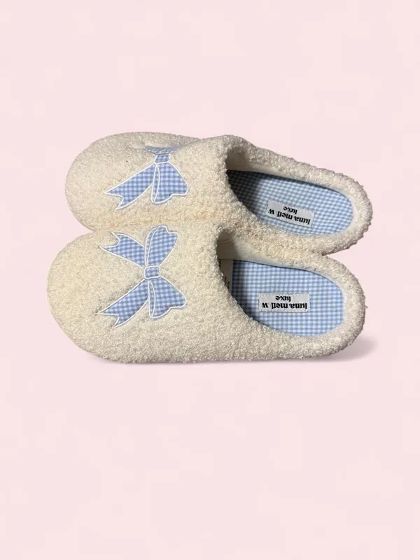 Plush Cream Sherpa Slip-On Slippers with Light Blue Gingham Bow - Image 5