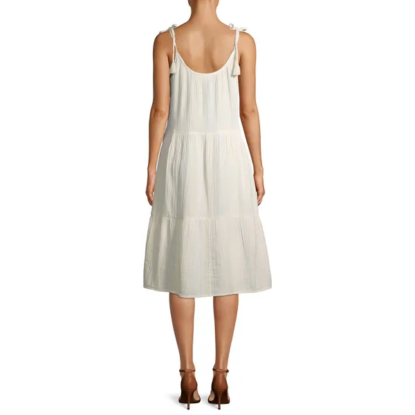 Time and Tru Womens Ivory Stripes Tiered Midi Dress Tie Tassel Strap NEW Large - Image 4