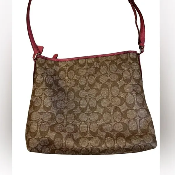 Coach Signature Logo All Over Pattern Crossbody Leather Beige Pink - Image 2