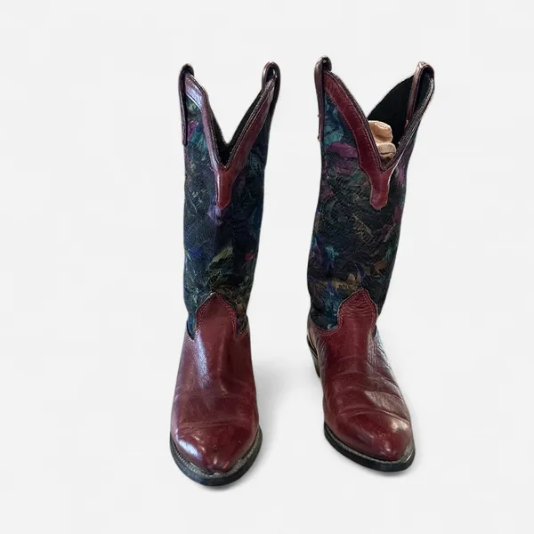 Vintage 90s Capezio Red Leather & Tapestry Western Boots Rare Pair - Image 6