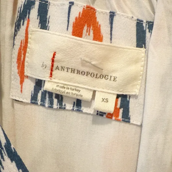 ANTHROPOLOGIE‎ Robin Tiered Ruffle Dress in Ikat White & Blue Print XS - Image 6
