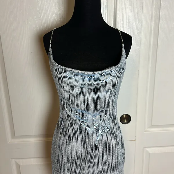 Windsor Blue Metallic Sequin Rhinestone Strap Sexy Dress - Image 4