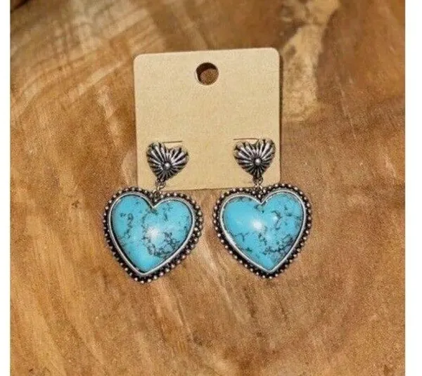 Silver Tone Imitation Turquoise Stone Heart Hanging Earrings, NWT - Image 3