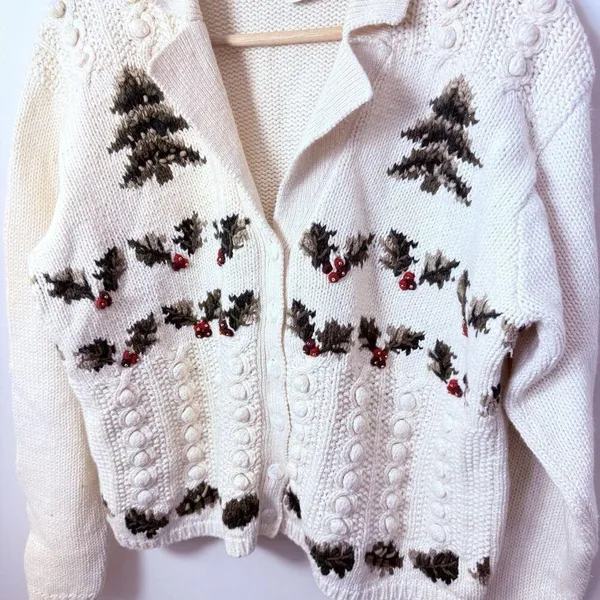 Vtg Wool Sweater Cardigan Womens L Chunky Ivory Cable Knit Cabincore Grandmacore - Image 4
