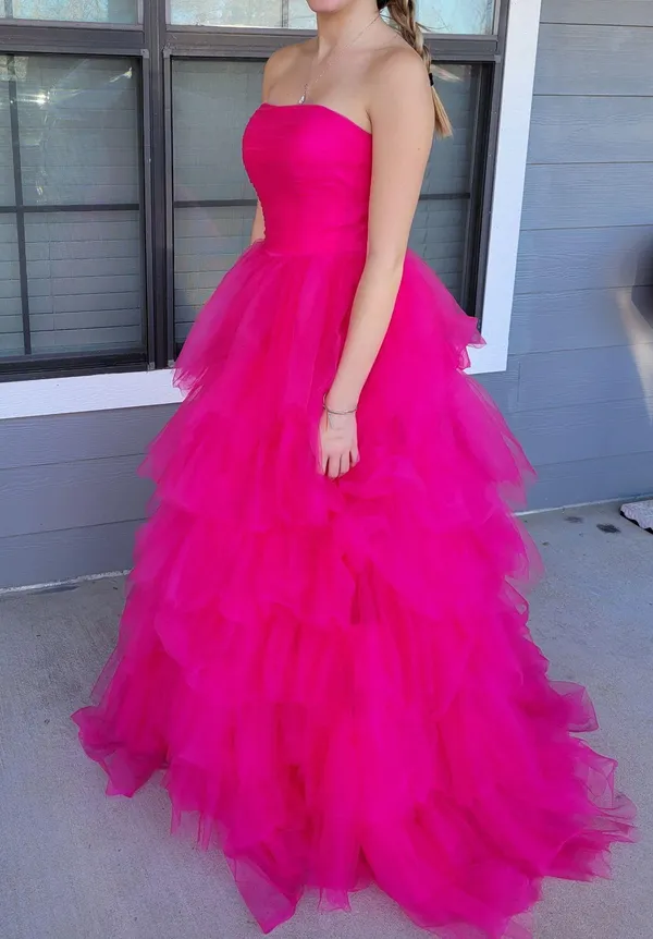 Hot pink strapless prom dress - Image 2