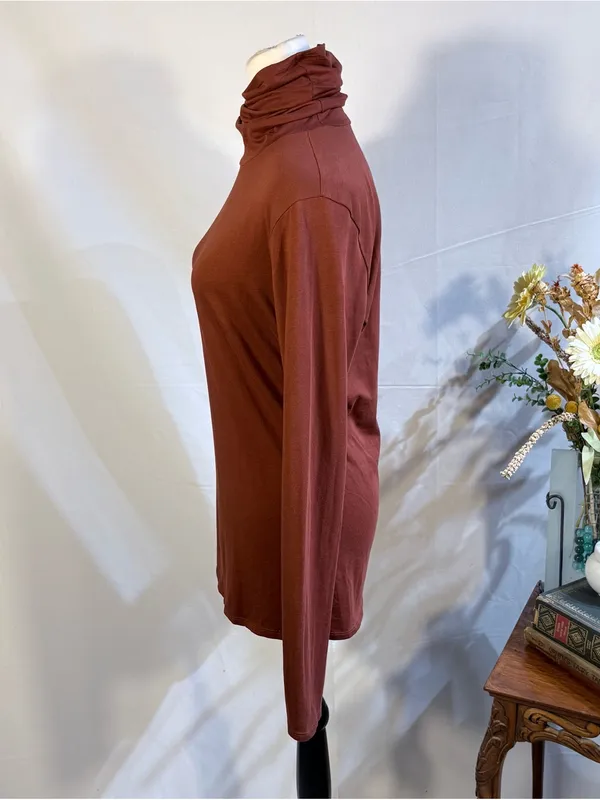 💥Peruvian Connection Extreme T-Neck Terracotta Pima Cotton Stretch Top Sz M🧡 - Image 7