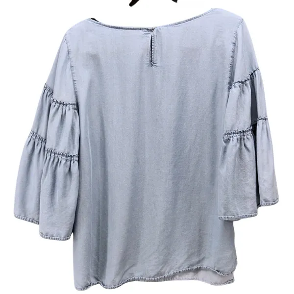 J Jill Womens Chambray Blouse Size Large Bohemian Tencel Denim Bell Angel Sleeve - Image 2