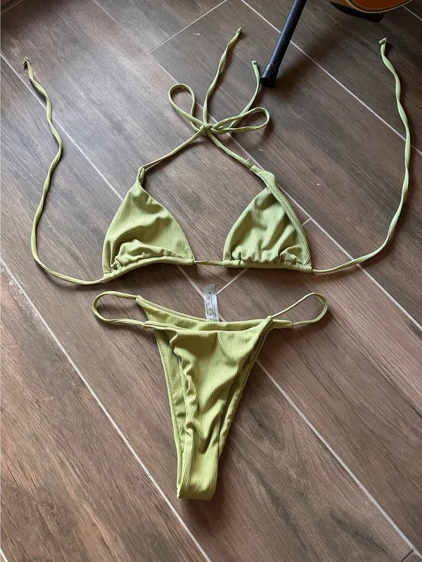 Olive Green Ribbed Triangle Bikini Set Size M Size M - Image 2