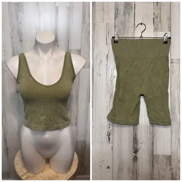 JoyLab Two Piece Set Womens Small Olive Green Ribbed Crop Tank Biker Shorts - Image 2