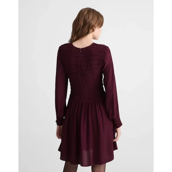 Madewell Long-Sleeve Smocked Mini Dress Dark Pomegranate Crepe Medium NWT - Image 4