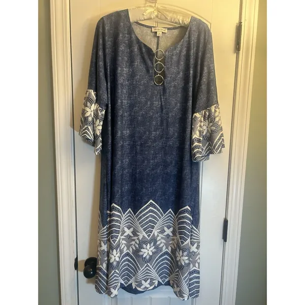 Chelsea Taylor 2X Blue Faux Denim Dress Lace Trim Ring Neck Stretch Midi Plus - Image 2