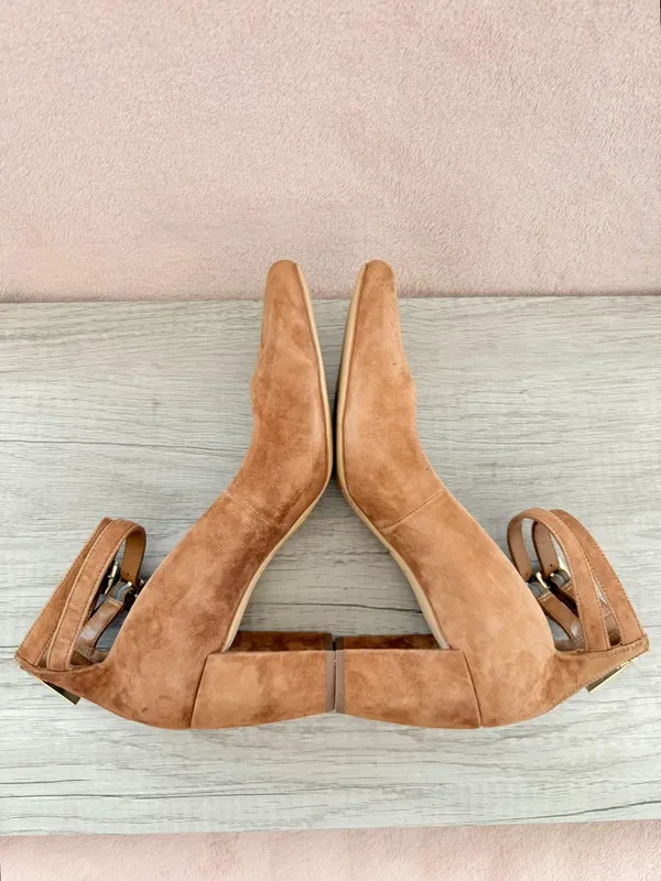 H by Halston Regina Brown Suede 3.25" Block Heel Pump Buckle Ankle Strap Zip 10 - Image 5