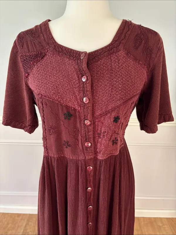 Select Vintage 90s Brown Embroidered Button-Front Midi Dress Sz Medium Phoebe - Image 3