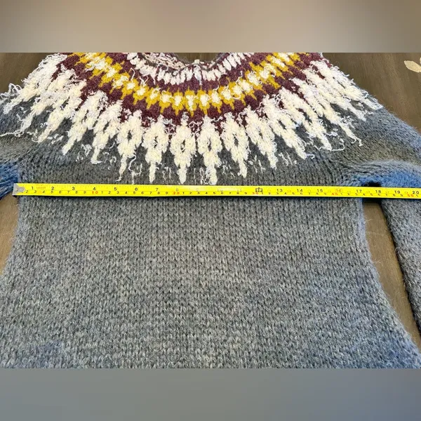 Free People Gray Fair Isle Wool Blend Boat Neck Bishop Sleeve Sweater Sz Small - Image 3