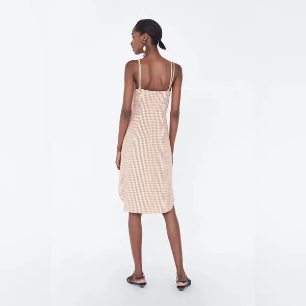 Zara Gingham Knot Midi Dress, Soft Orange and White Size Medium - Image 4