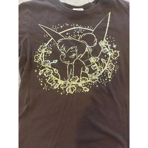 Vintage y2k Disney Tinker Bell Gold Foil Graphic Tee Brown Cotton Shirt Small - Image 2
