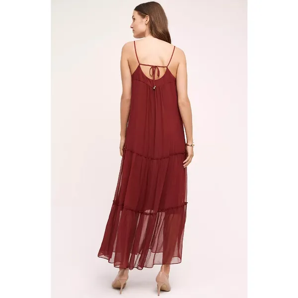 Anthropologie Floreat Saffa Chiffon Tiered Maxi Peasant Dress Women Size S Wine - Image 3