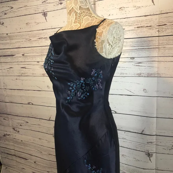 Y2K Alex Evenings navy beaded slip cowl neck floral satin formal Gown small - Image 16