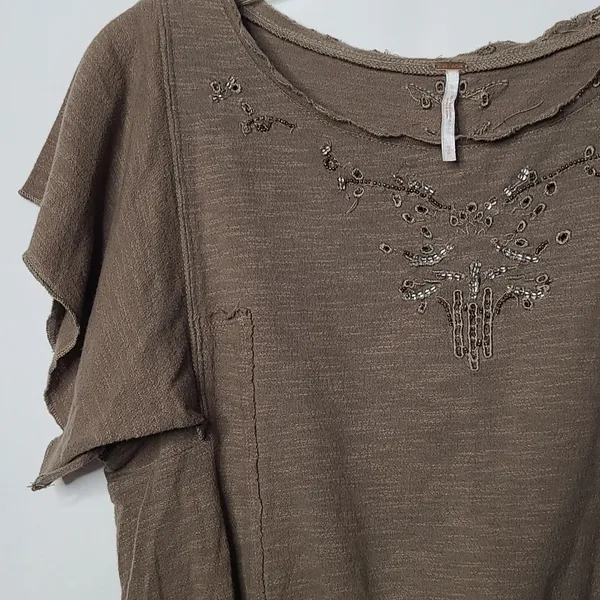 Free People slub embellished green gray crop top blouse sz Small - Image 5