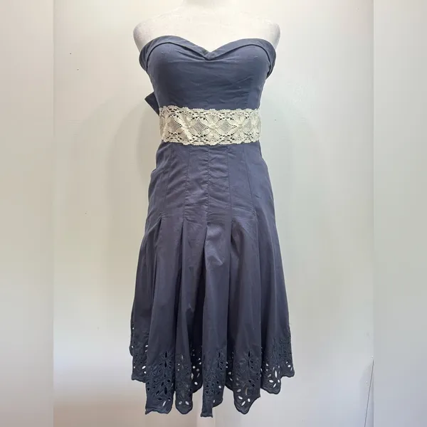 Tibi Strapless Dress Smokey Navy Cream Lace Trim & Slip Mini Corset Coquette - Image 4