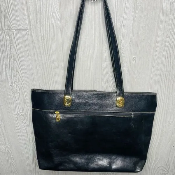 Vintage Marino orlandi large black leather tote bag purse laptop designer gold h - Image 5