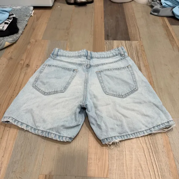 Zara Denim Bermuda Shorts Size 2 Light Wash High Waisted Raw Hem Distressed - Image 3