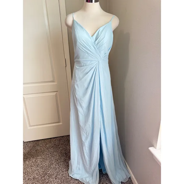 Mori Lee Gown Formal Dress Bridesmaid Slit Maxi‎ Spaghetti Strap Blue 8 NWT - Image 2
