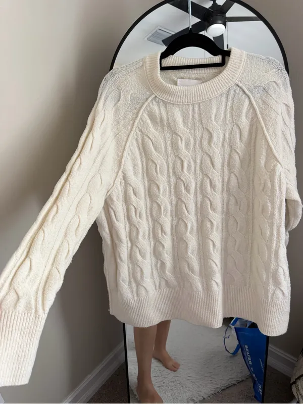 aerie Cable Knit Crewneck Sweater - Cream - Image 4