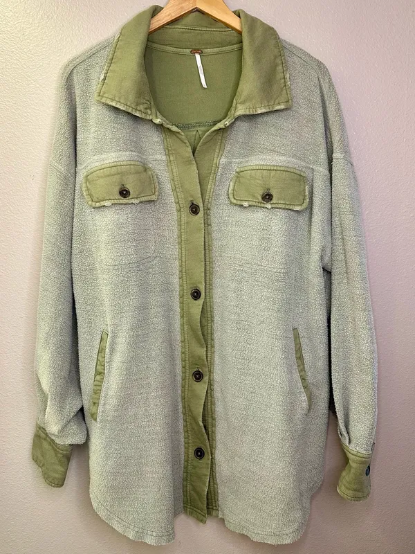 Free People Ruby Oversized Green Shacket Shirt Jacket Distressed Cotton - Image 8