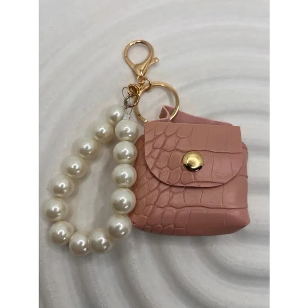 NWT Mini Purse Keychain Pink Faux Leather with Pearl Handle, Coin‎ Holder - Image 2