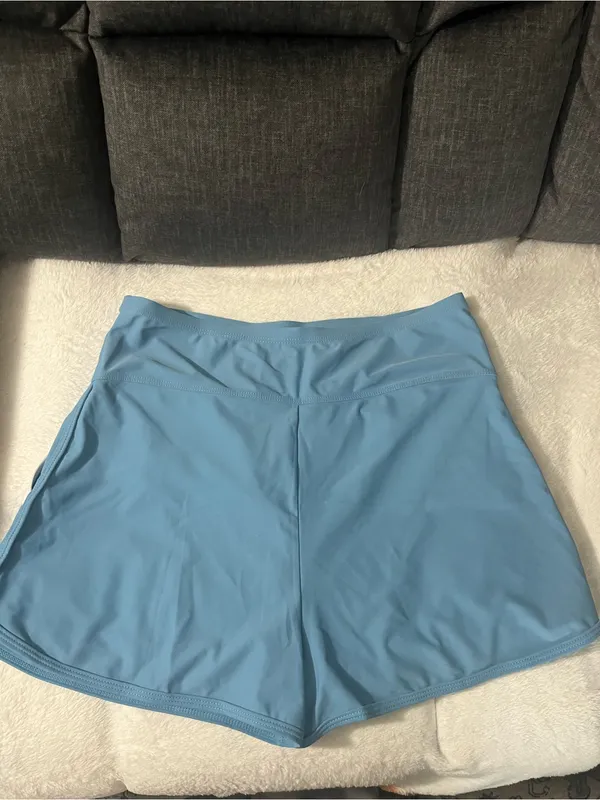 High-Rise Athletic Shorts in Light Blue with White Trim - Image 2