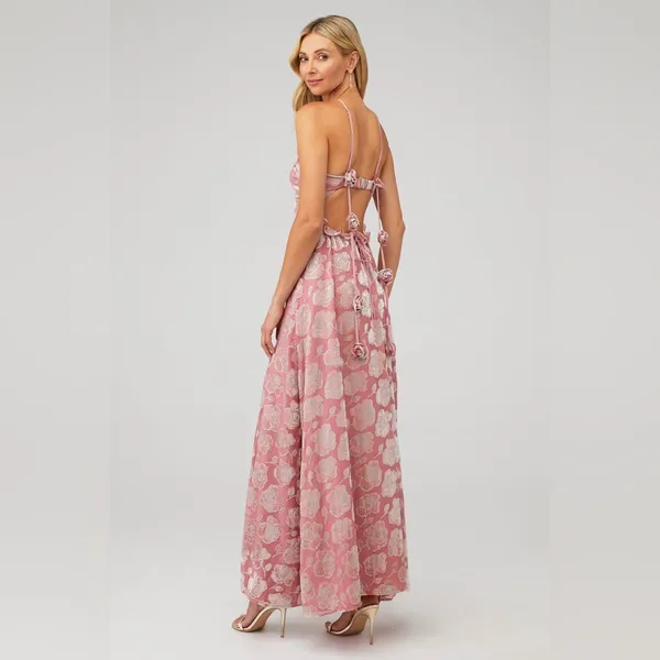 For Love & Lemons‎ Raya Pink Velvet Rosette Rose Floral Maxi Dress Size M - Image 2