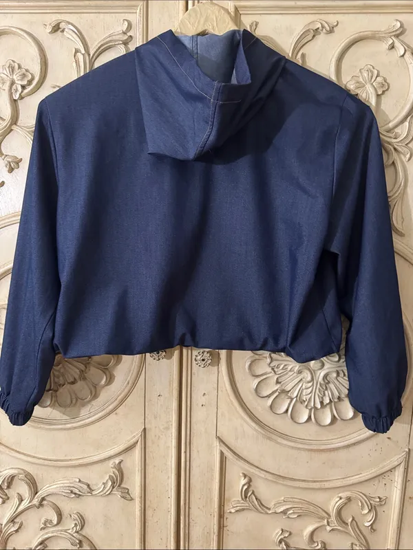 Zara Navy Hooded Bomber Short Crop Long Sleeve Jacket Size Medium - Image 8