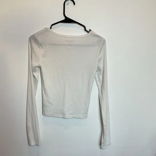 American Eagle White Ribbed Ruched V Neck Long Sleeve Crop Top‎ S - Image 3