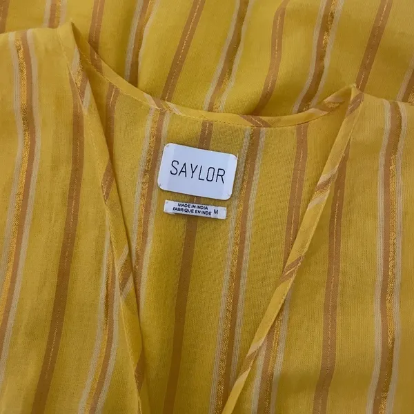 SAYLOR Yellow Metallic Striped Dress Fluttery Smocked Mini Gold Party Medium - Image 10