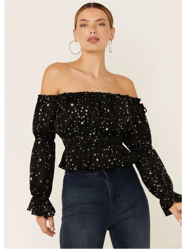 Lush Clothing Black Star-Print Off-Shoulder Smocked Women's Top - Image 4