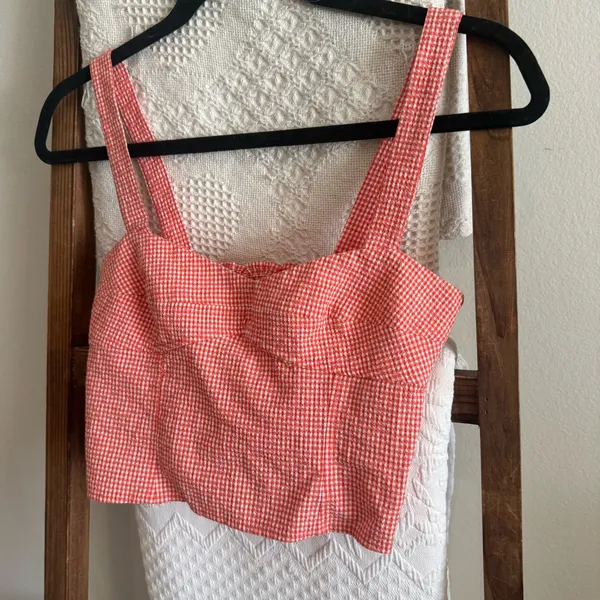 NWOT Zara Red & White Gingham Cotton Blend Smocked Detailed Top - Image 2