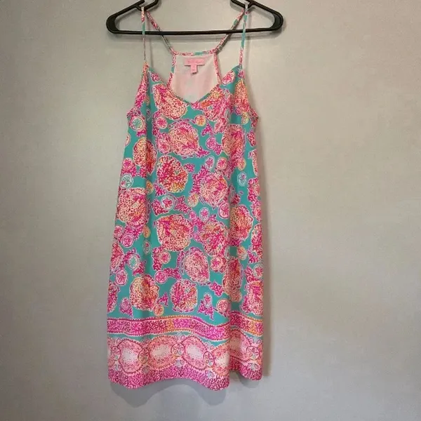 Lilly Pulitzer 100% Silk Small Mid Thigh Pink Seashell Border Print Shift Dress - Image 2