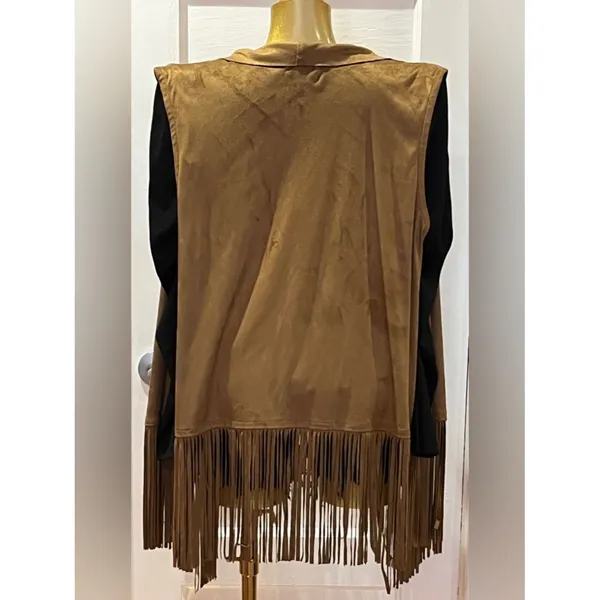 A.N.A Tan Faux Suede Fringe Vest - Boho Western Waterfall Draped Front - Size XL - Image 2