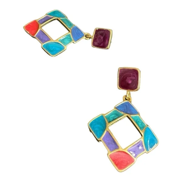 Vibrant Multi Color Resin Gripoix Cabochon Gold Plated Pierced Earrings. - Image 6