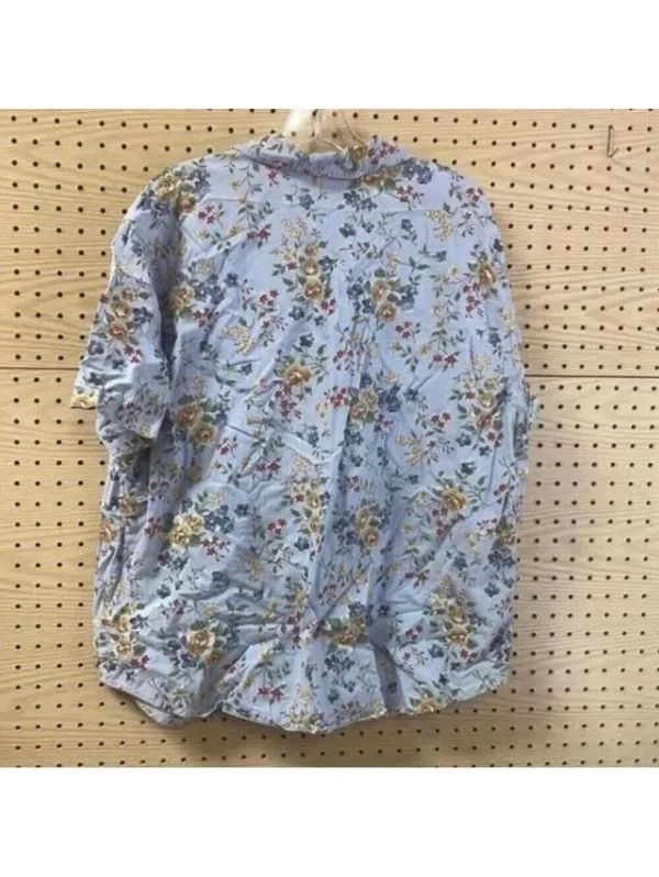 Vintage Blue Floral 90s collared button down short sleeve shirt y2k - Image 5