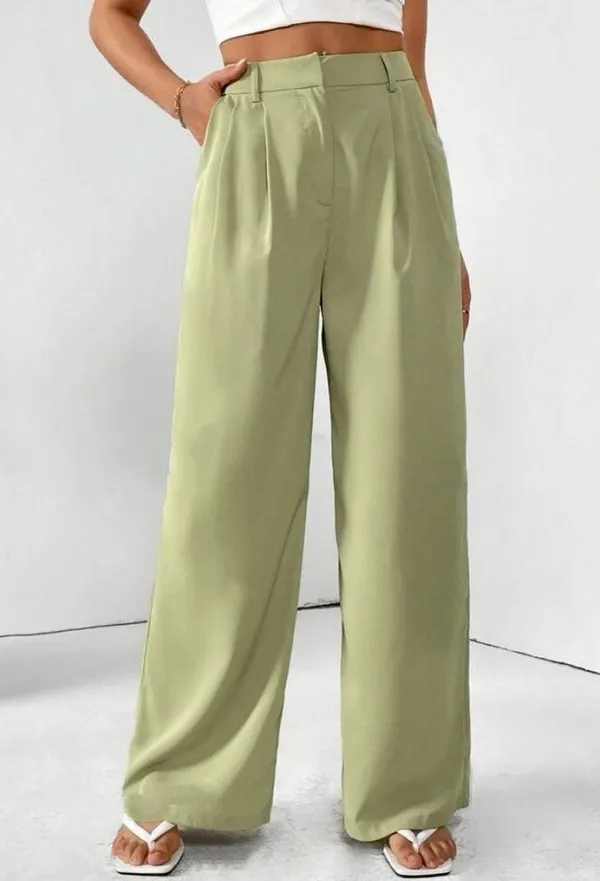Zara high-rise wide leg pleated green trouser pants with pockets women Size XL - Image 3