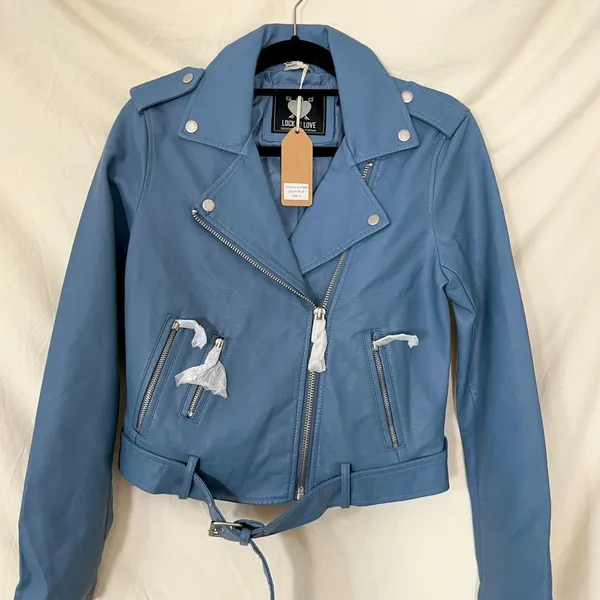NWT Lock & Love Blue Faux Leather 1984 Motorcycle Belted Cropped Jacket S - Image 2