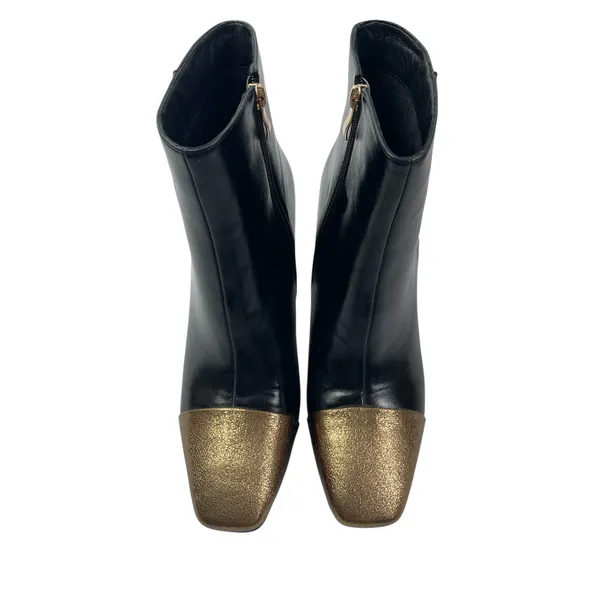 Ninety Union Black Leather Gold Shimmer Square Toe Block Heel Ankle Boots Sz 10 - Image 2