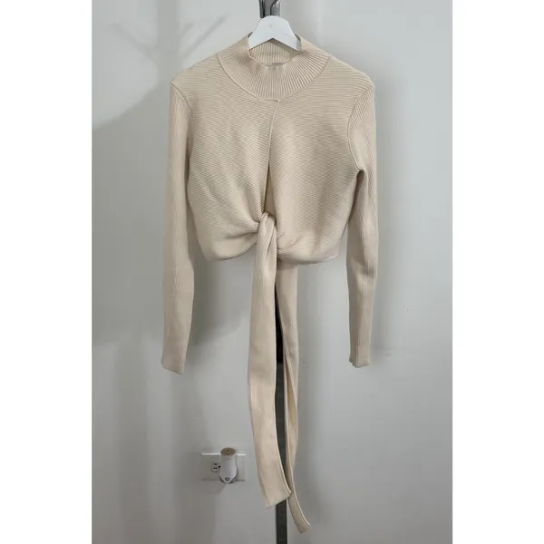 Athleta x Alicia Keys Ribbed Tie Front Knit Wrap Top Sweater Cream Womens Size M - Image 3