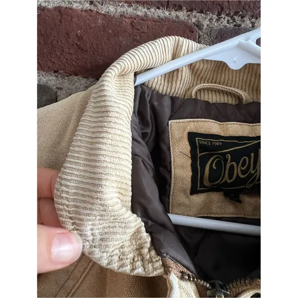 Obey Cream Canvas Bomber Jacket Corduroy Collar Brown Lining Short Women’s Sz M - Image 12