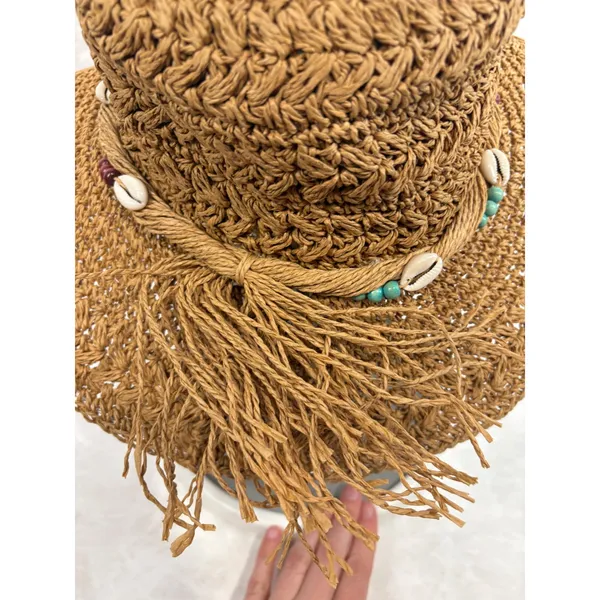 Panama Jack Women Brown Toyo Straw Sun Hat Cowrie Shell Bead‎ Tassel Vacation - Image 5