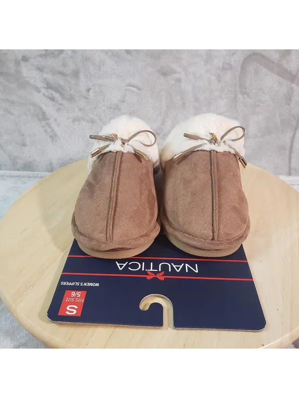Nautica Women's Slip-On Slippers Brown Faux Fur Lined Bow Accent Size 5/6 - Image 3