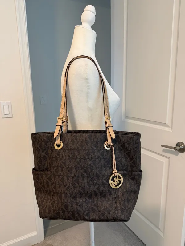 Michael Kors Jet Set Tote MK Logo Large Carryall Laptop Bag Brown Tan Gold - Image 2